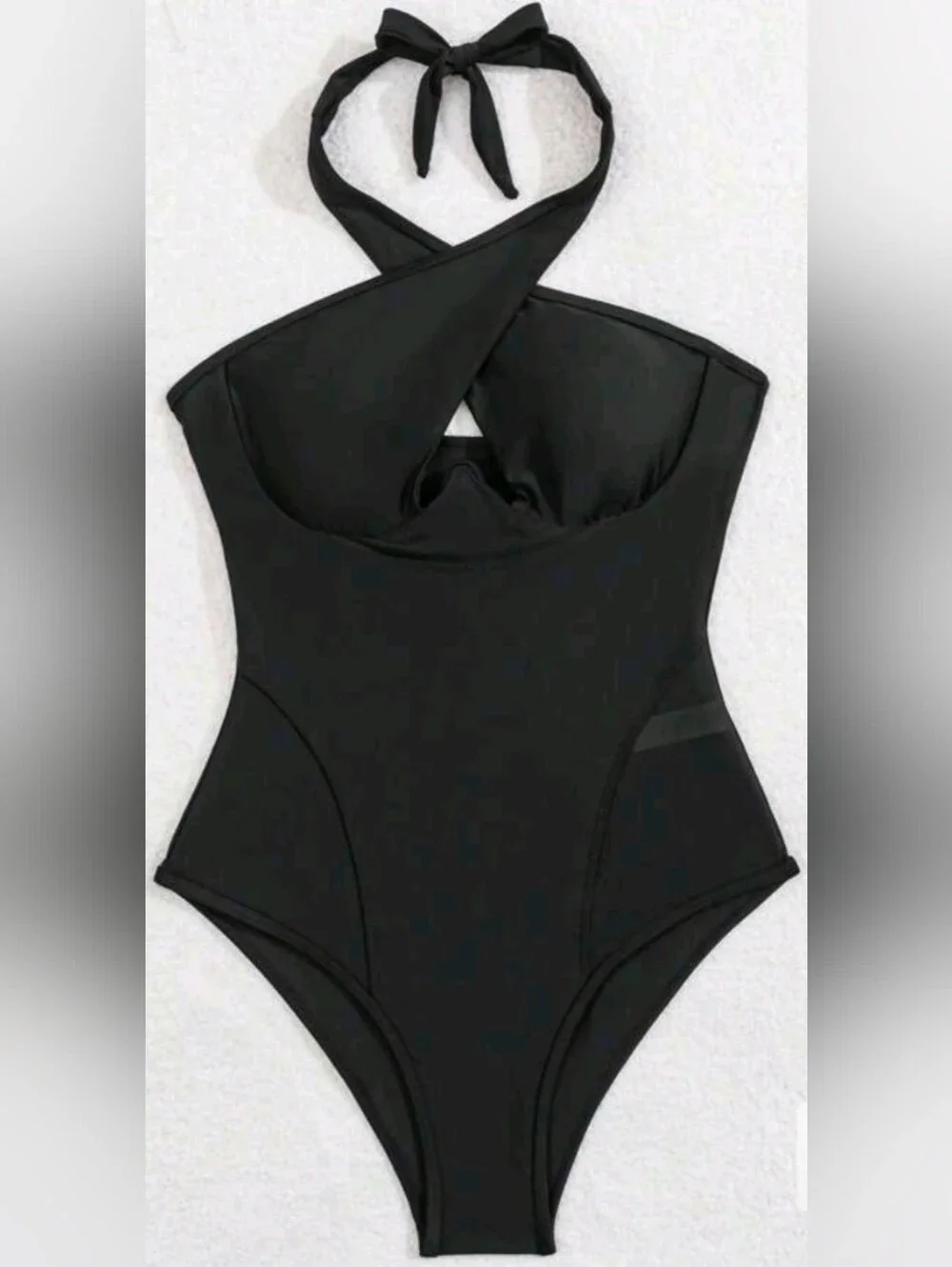 Size L Black Crisscross Halter Underwire Mesh One-Piece Swimsuit